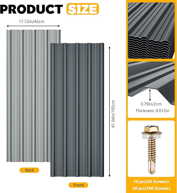 20 pcs Metal Roofing Panels - Corrugated Galvanized Roof Panels L41.34x W17.72 Inch, Waterproof Tin Roof Sheets for Garages,Sheds, Stables and Mobile Homes, Includes Screws(Grey,L41.34''-20)
