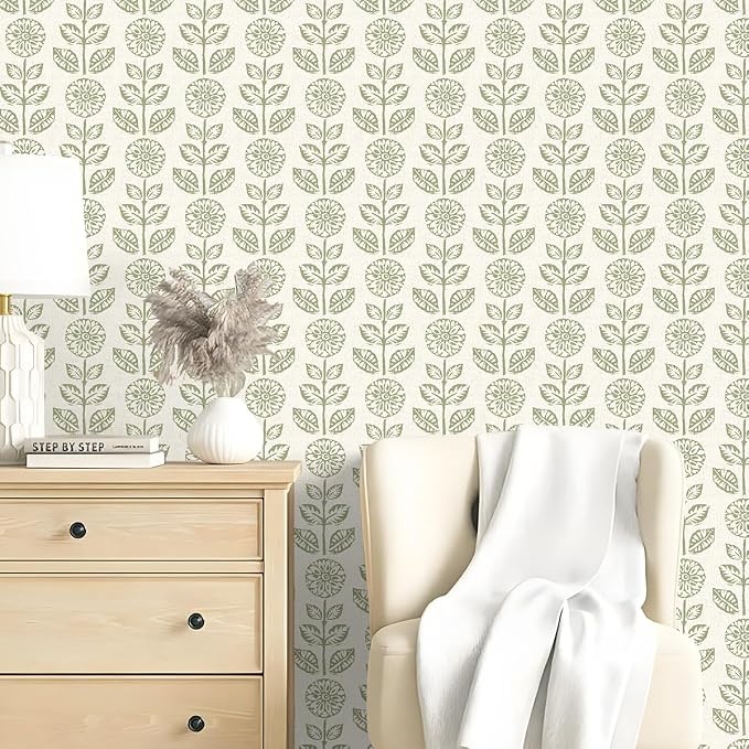 Wudnaye Vintage Floral Peel and Stick Wallpaper Beige Floral Contact Paper 17.7in × 590.4in Tulip Self Adhesive Wallpaper Boho Flowers Removable Waterproof Wall Paper for Bathroom Bedroom Decorative