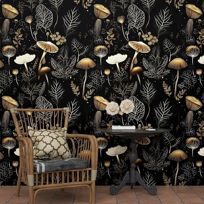 Dark Mushroom Wallpaper Peel and Stick 17.5" x 787",Black Gold | Self Adhesive/Removable/Waterproof/Thick Vinyl Extra Long Contact Paper for Bathroom Bedroom Shelf Cabinet Drawer,Prepasted