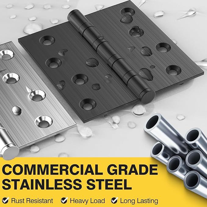 KOLET Ball Bearing Door Hinges, 4 x 4 Inches Exterior Square Door Hinges, Square Corner Heavy Duty Hinges, Commercial Grade Stainless Steel, Smooth and Non Removable Pin, Matte Black, 6 Pack