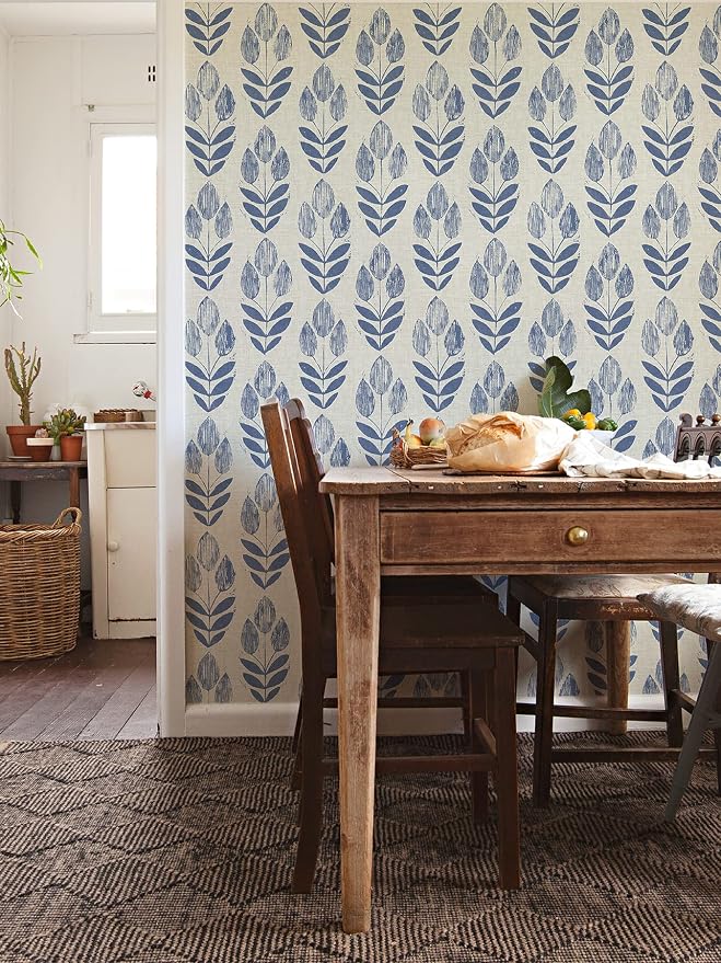 NuWallpaper Blue Folk Tulip Peel & Stick Wallpaper