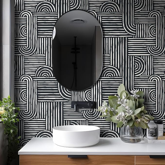 Livelynine 17.5x591 Black and White Wall Paper Peel and Stick Modern Geometric Wallpaper Removable Accent Wall Coverings Self Adhesive Mid Century Art Deco Abstract Contact Paper Waterproof Bathroom