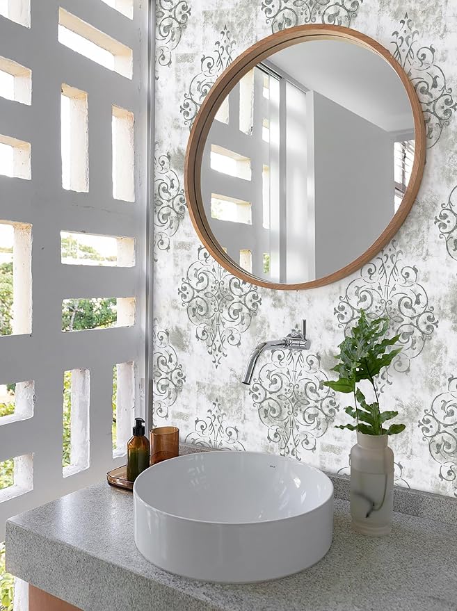 HAOKHOME Vintage Damask Peel and Stick Wallpaper White Vinyl Self Adhesive Decorative Contact Paper 17.7in x 9.8ft