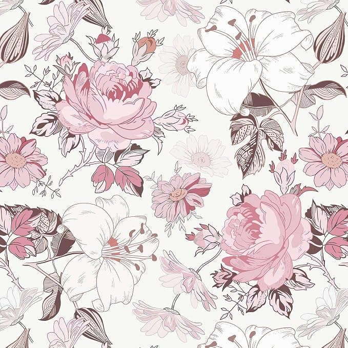 Hopepak 16.1''x394'' Floral Peel and Stick Wallpaper Modern Pink Contact Paper Removable Self Adhesive Wall Paper for Bedroom Bathroom Cabinets Decor Waterproof Vinyl