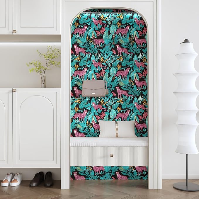 Blue Pink Vintage Leopard Peel and Stick Wallpaper 17.5" x 118" | Waterproof Vinyl Self Adhesive Removable Renter Friendly Floral Contact Paper