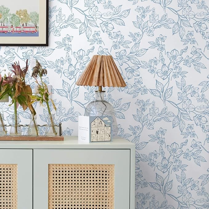 Ismoon Vintage Floral Peel and Stick Wallpaper White and Blue Wallpapaer Contact Paper Thicken Removable Textured Self Adhesive Wall Paper for Bedroom 17.3x393in