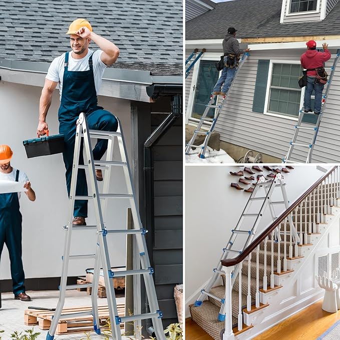 LUISLADDERS Ladder, A Frame Step Ladder Telescoping Ladder, Muti Position Folding Ladder Flared Leg & Wheels Design, 330 lbs Capacity Extension Ladder for Household Outdoor Work (17 FT)