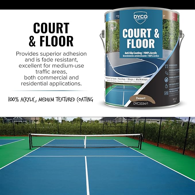 DYCO Court & Floor Anti-Slip Coating - Slip-Resistant Pavement, Cement & Concrete Paint for Pickleball, Tennis & Basketball Courts, Exceeds ADA Standards for Safety Areas (Desert, 1 Gallon)