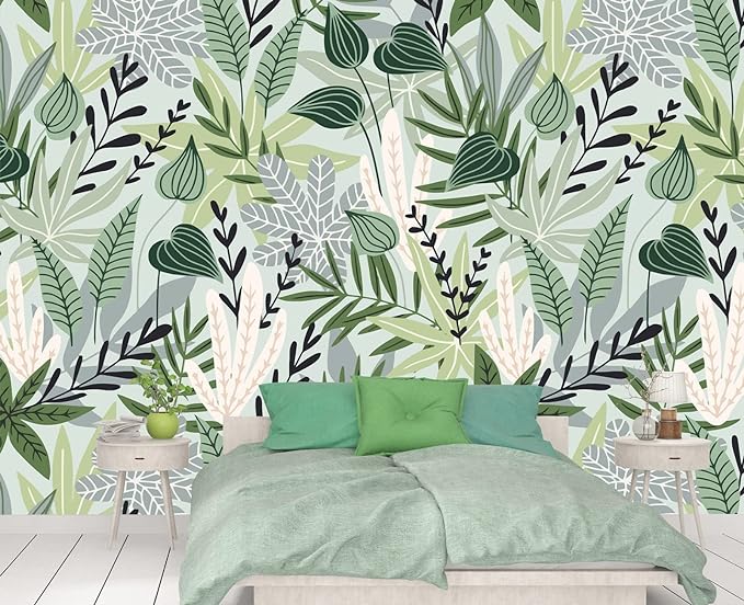 Cliouar-Watercolor Green Leaves Tropical Plants Bedroom Living Room Decoration Mural Wallpaper 103" x 69"(Not Peel and Stick)