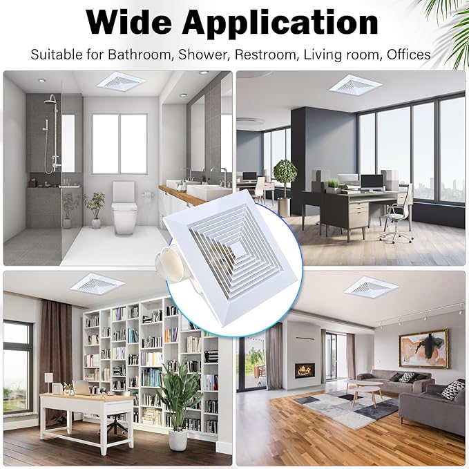FEITON 110 CFM Bathroom Fan Exhaust Fan Ceiling Mount, 30W, 110V, 1.0 Sones, Square Quiet Ventilation, 4-in Duct, 8.8" x 8.8" Mounting Hole