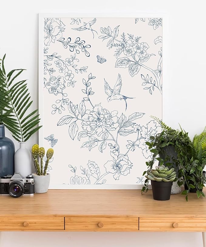 Froluya Cream White and Blue Floral Wallpaper Peel and Stick Wallpaper 17.7"x590.5" Vintage Floral Peel and Stick Wall Paper Removable Boho Self Adhesive Contact Paper for Bedroom Bathroom Vinyl