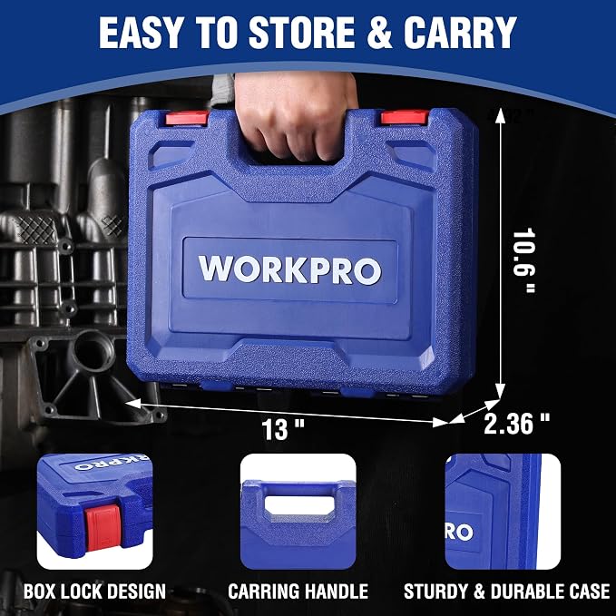 WORKPRO 20-Piece 1/2＂ Drive Deep Impact Socket Set, Metric | 6-Point, Cr-V Steel, 10-27mm, Universal Joint, Adapter and Extension Bar, Automotive Repair, Garage Tools