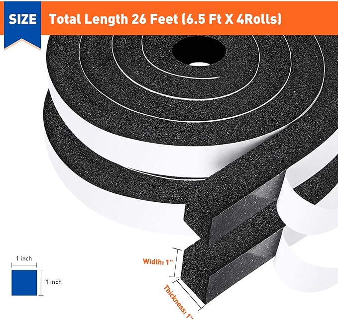 MAGZO Weather Stripping Door Seal 1 Inch W X 1 Inch T X 26 Ft Total Length, Strong Adhesion and High Resilience Air Conditioner Foam Insulation (6.5ft x 4 Rolls)