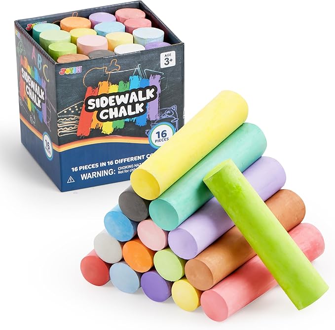 JOYIN 16 PCS Sidewalk Chalks Set Non-Toxic Washable Jumbo Chalk Bulk for Toddlers 1-3, Painting on Chalkboard, Driveway and Playground, Outdoor Activities, Gift for Kids, School Supplies