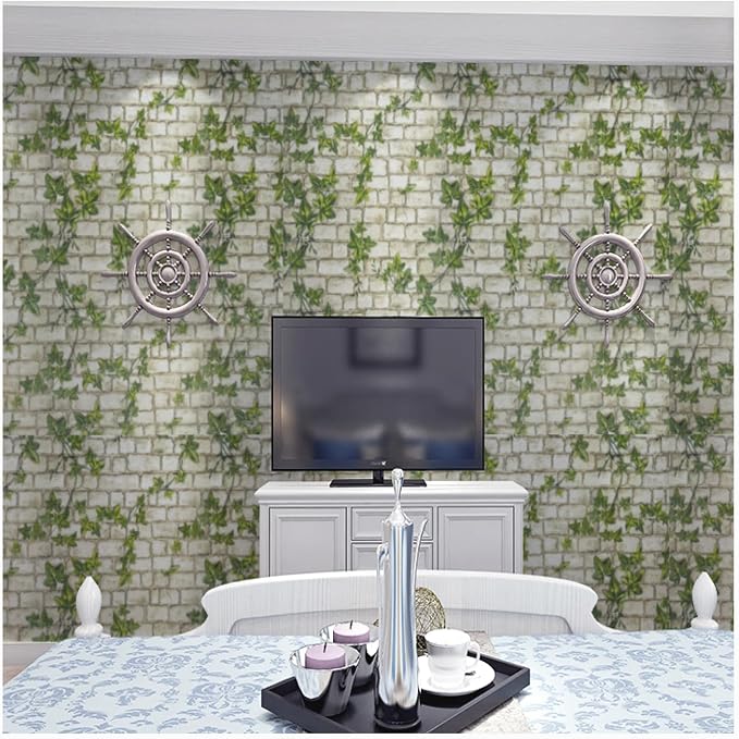 Peel and Stick Wallpaper Brick Wall Paper Green Leaves Brick 3D BrickStone Self Adhesive Removable Contact Paper Textured Vintage Wallpaper Decorative Wall Classroom Covering 23.6"x196"