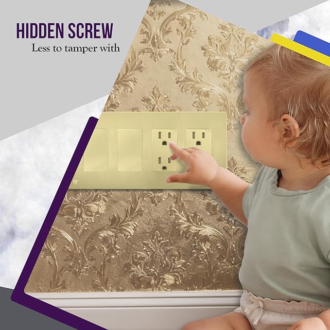 ENERLITES Elite Series Screwless Decorator Wall Plate Child Safe Outlet Cover, Gloss Finish, Size 4-Gang 4.68" H x 8.30" L, Unbreakable Polycarbonate Thermoplastic, SI8834-BGD, Brushed Gold