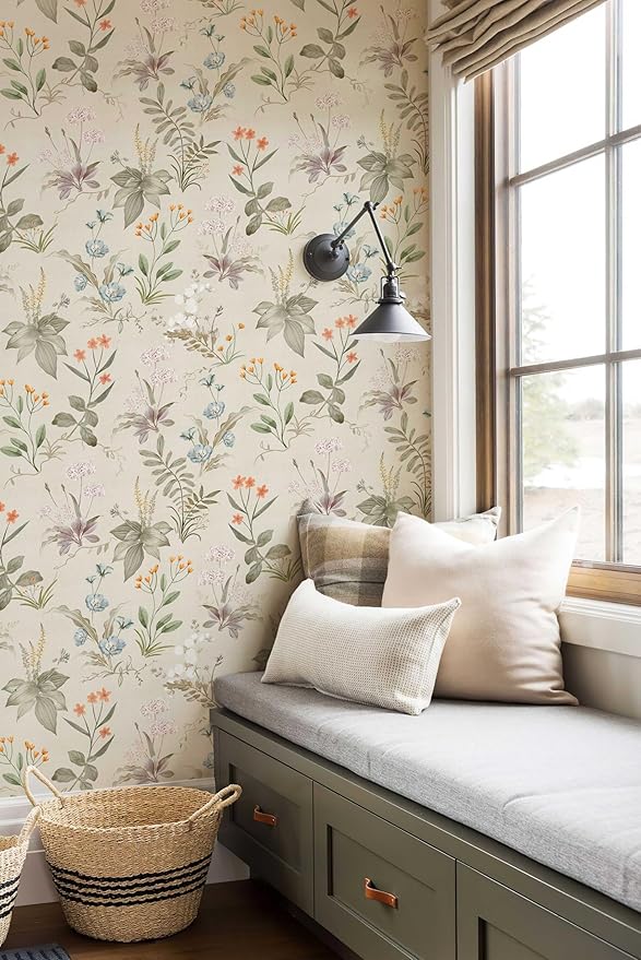 Simon&Siff Vintage Floral Peel and Stick Wallpaper 17.3" x 800" | Beige Botanical Contact Paper, Self Adhesive Removable Waterproof Wall Paper, Renter Friendly, Bedroom Cabinets DIY Decor