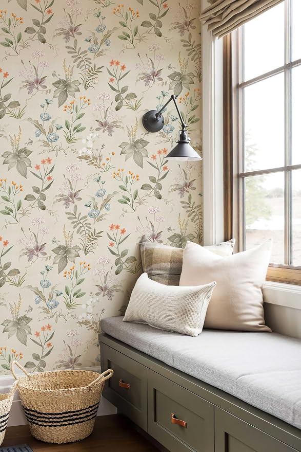 Simon&Siff Vintage Floral Peel and Stick Wallpaper 17.3" x 118" | Beige Botanical Contact Paper Self Adhesive Removable Waterproof Wall Paper, Renter Friendly, Bedroom Cabinets DIY Decor