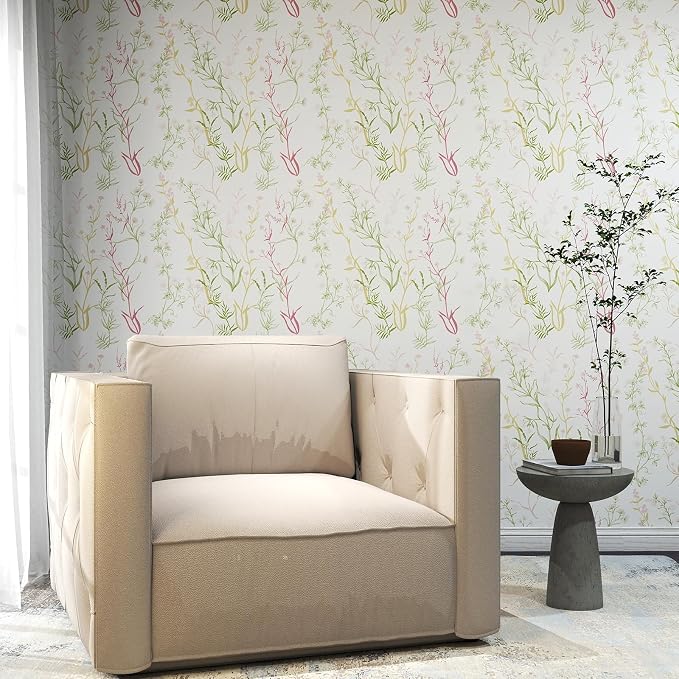 Timeet Floral Wallpaper Peel and Stick Botanical Wildflower Self Adhesive Wall Paper Removable Plant Vine Contact Paper for Living Room Bedroom Accent Decor 17.3" x 120"