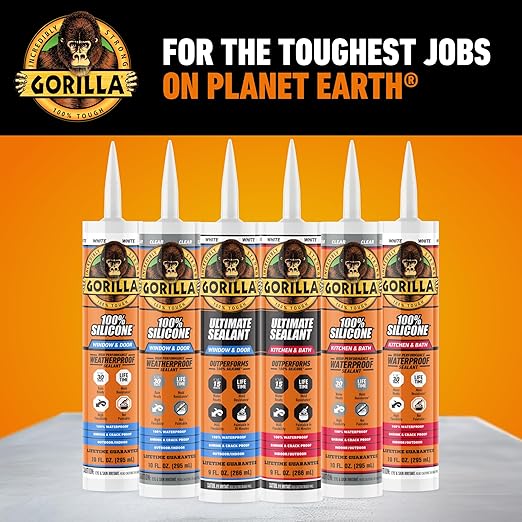 Gorilla 100% Silicone Caulk Kitchen & Bath Sealant, Mold Resistant, 10 oz. Cartridge, White