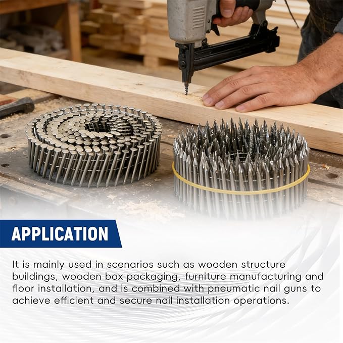 waltyotur 3600 Count Stainless Steel Coil Roofing Ring Shank Siding Nails 15-Degree Collated Wire Coil 1-3/4 Inch, 0.09 Inch Ring Shank, Small Cap Coil Stud Siding Nails