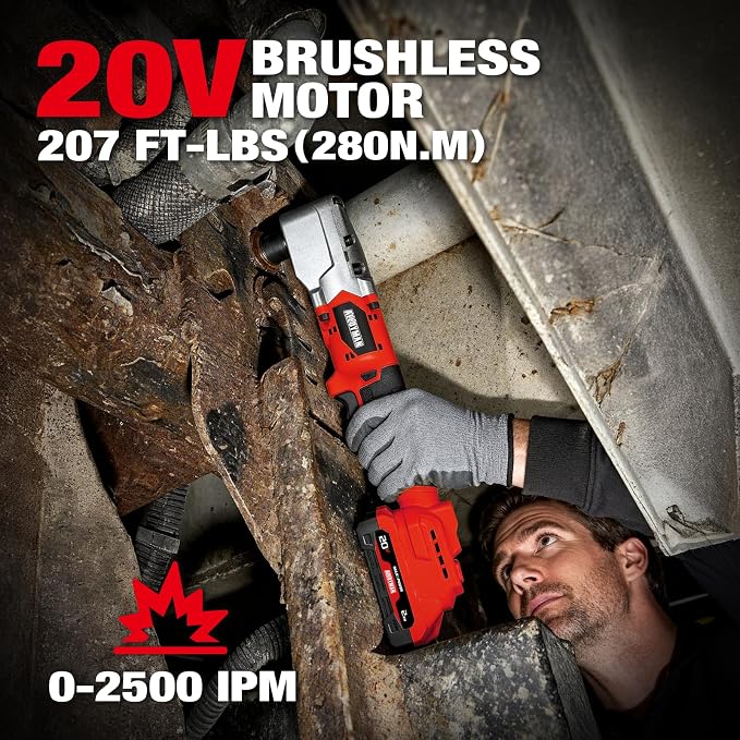 Alloyman 20V Brushless Right Angle Impact Wrench, 1/2", 207 FT-LBS(280.NM) | Slim 90°head, 2-speed control,2 batteries,LED light, for Tight Spaces, Automotive Repair, Engine Bay & Machinery Maintenance