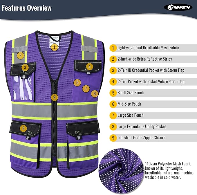 JKSafety Hi Vis Reflective Safety Vests for Men Women High Visibility Vest with Pockets Mesh Fabric Construction Safety Apparel Neon Vest for Work (220-PurpleB L)