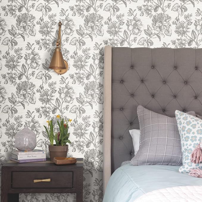 RoomMates Tamara Day RMK12519RL Gray Flower Girl Peel and Stick Wallpaper, Charcoal