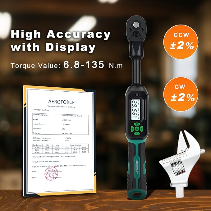 AEROFORCE 3/8" Drive Adjustable Digital Torque Wrench, 6.8-135Nm Electric Torque Wrench with 38MM Open End, Interchangeable Jaw & Ratchet Head, for HVAC, Automotive, Motorcycle and Narrow Pipeline