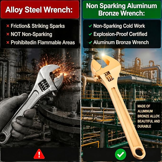Hicarer 12 Inch Non-Sparking Adjustable Wrench, Aluminum Bronze Tool | Non-Magnetic, Oil & Gas Industry, Chemical Facilities, Hazardous Environments, Industrial Safety Applications