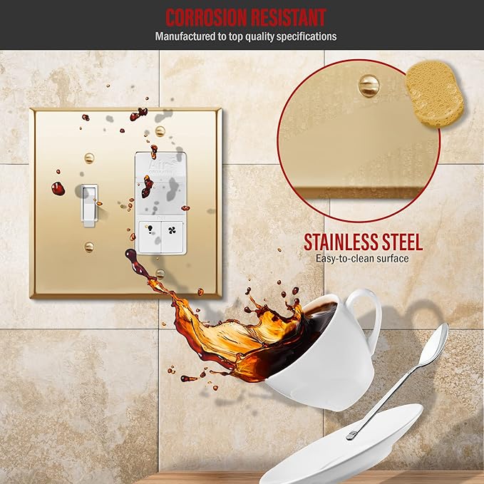 ENERLITES Combination Toggle Switch and Decorator Receptacle Metal Wall Plate, Stainless Steel 201 Outlet Cover, Corrosion-Resistant, Mid-Size 2-Gang 4.88" x 4.92", 771131M-PB, Polished Brass