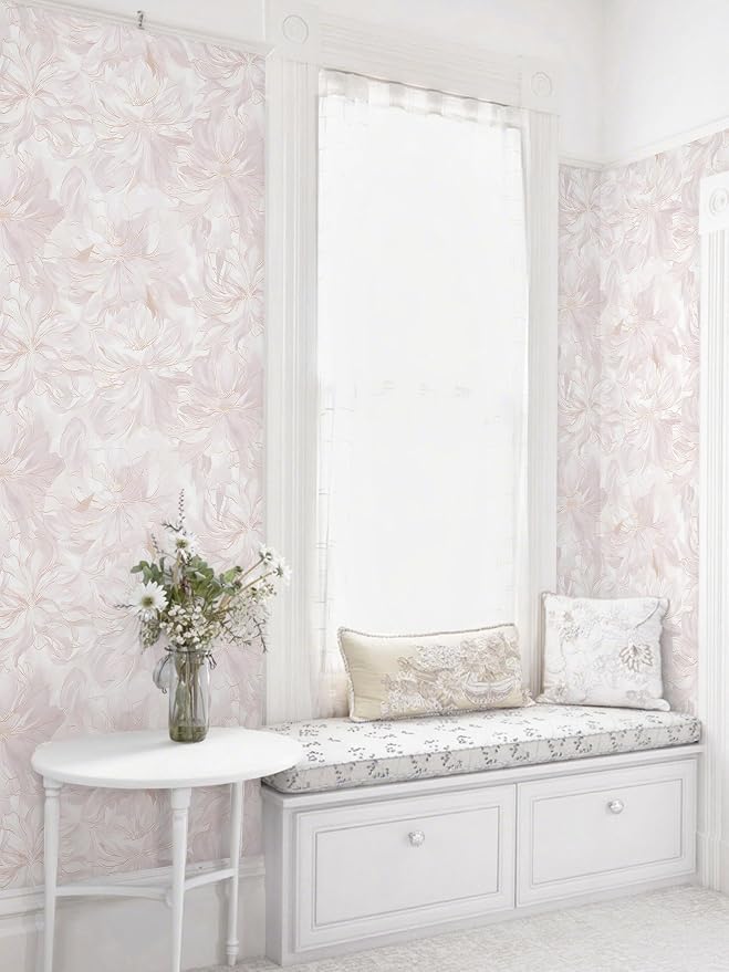 393"x17.3" Peel and Stick Wallpaper Pink Floral Boho Cute Contact Paper Pink Girly White Flower Wallpaper Removable Dorm Girls Wall Paper Self Adhesive Modern Kitchen Bedroom Vinyl Roll