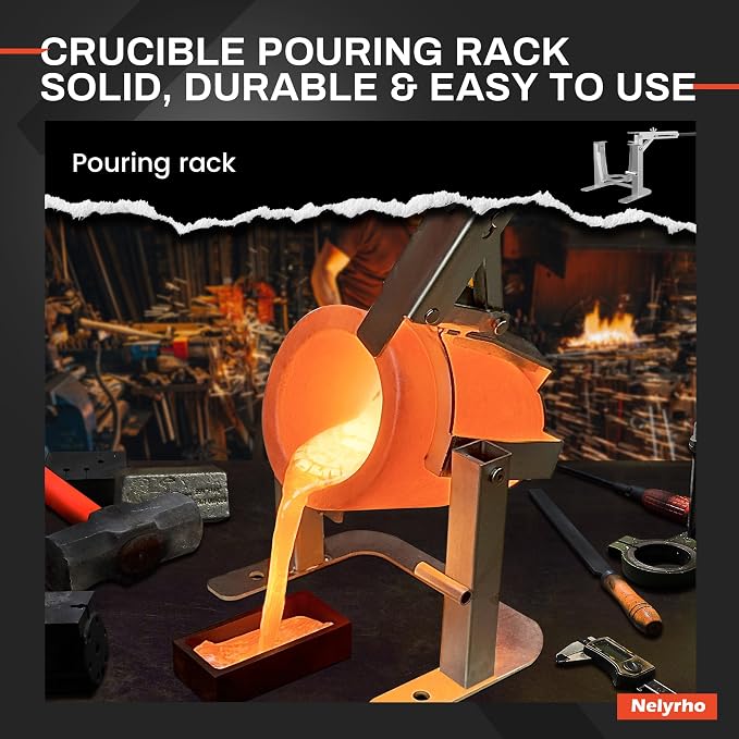 Nelyrho Handheld Crucible Pouring Tongs with Crucible #3 (6.6lbs-3kg) | Includes pouring rack and graphite crucible, designed for use with melting furnaces, casting gold, silver, aluminium, brass