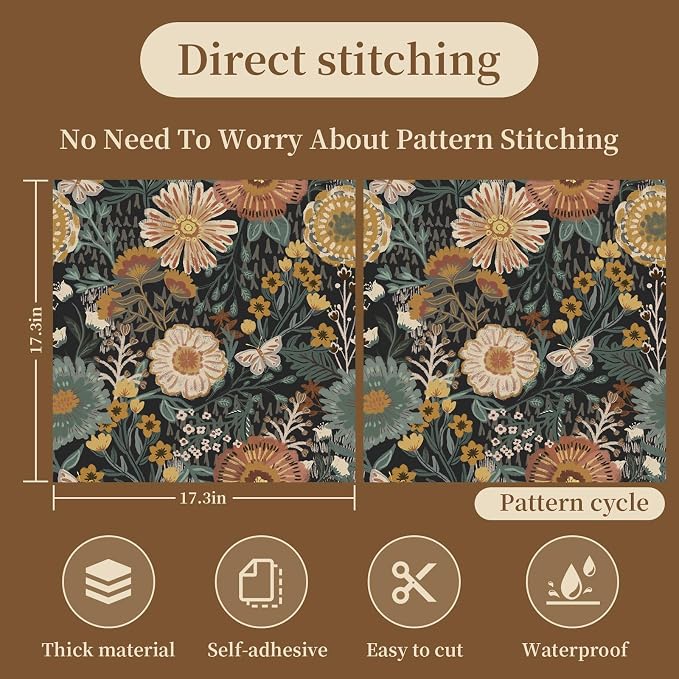 Dimoon Boho Retro Wallpaper Peel and Stick Wallpaper Vintage Floral Contact Paper 17.3''x197'' Dark Black Bohemian Removable Wall Paper Renter Friendly Waterproof Wall Mural Bedroom Bathroom Vinyl