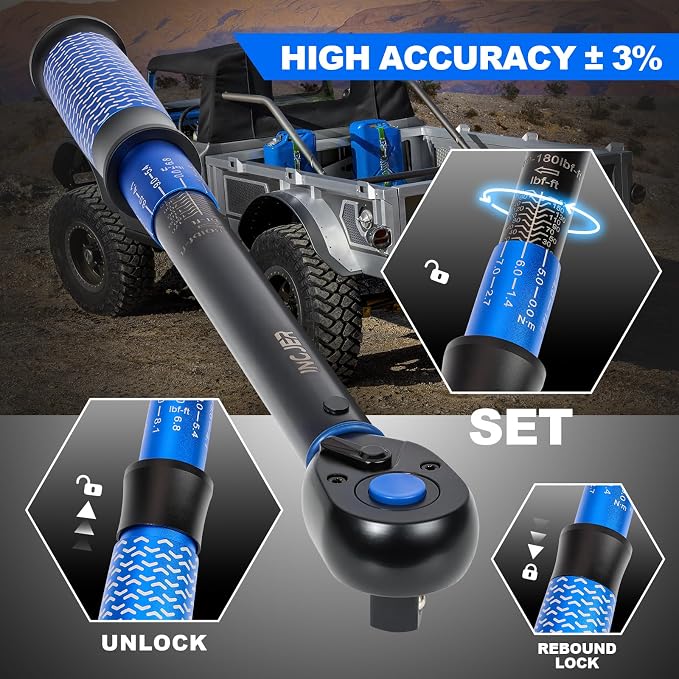 Torque Wrench 1/2, 10-180ft.lb, UPGRADE Torque Wrench Auto | 13.6 - 244.1Nm, ±3% Dual-Direction, 72 Tooth 1/2 torque wrench for Engine, Suspension & Spark Plug Maintenance