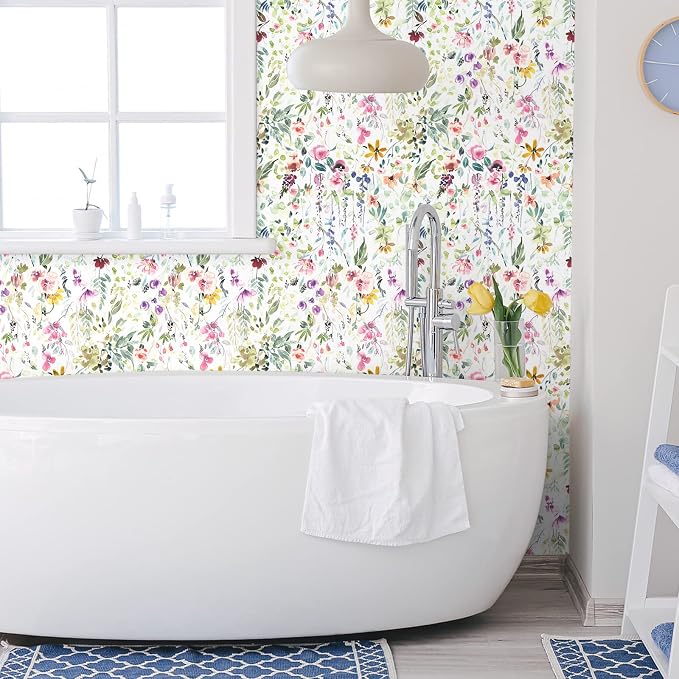 VEELIKE Watercolor Wildflowers Wallpaper Peel and Stick Removable Floral Wallpaper for Bedroom Bathroom Nursery 17.7''x354'' Self Adhesive Wall Mural Floral Contact Paper for Walls Furniture Cabinets