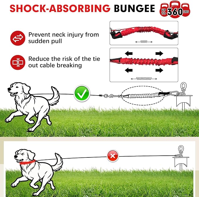 Snagle Paw Dog Tie Out Stake with Lock-Cap,Heavy Duty Dog Stakes for Outside/Yard/Camping with Shock Absorbing Bungee Tether,360°Swivel Rust Proof Ground Anchor for Dog Cable,Leash,Chain,up to 360 Lbs