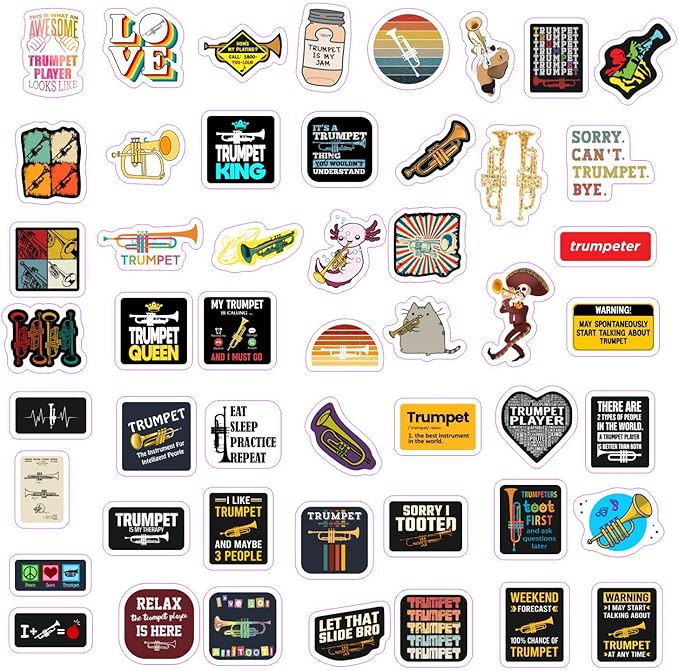 BulbaCraft Trumpet Stickers for Water Bottle and Laptop - Musical Party Supplies & Decorations, Waterproof Vinyl Instrument Decals, Trumpet and Jazz Stickers Laptop Decals, Gifts for Women & Men