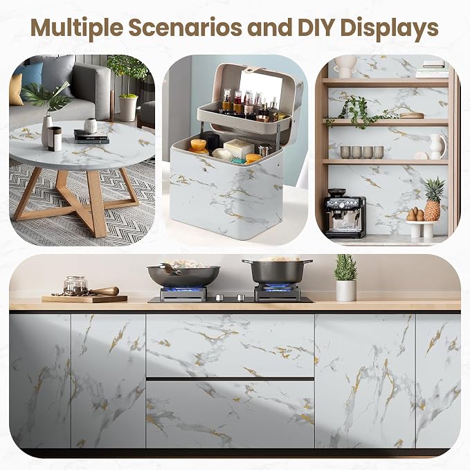 practicalWs Glossy Marble Wallpaper Peel and Stick White/Gold Granite Contact Paper Removable Wall Paper for Kitchen Countertop Cabinet Furniture 23.6" x 118"