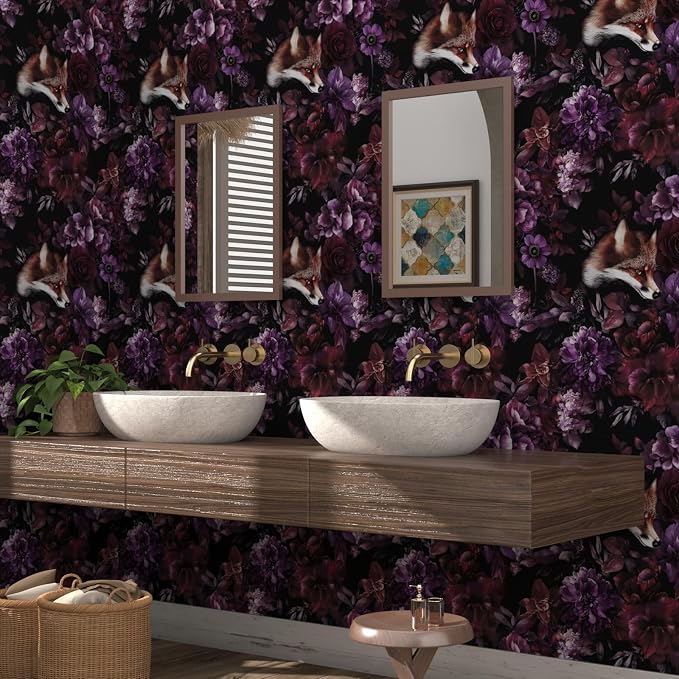 Gothic Black Red Fox Floral Wallpaper Peel and Stick 17.5"x118" | Self Adhesive/Removable/Waterproof/Thick Vinyl Vintage Contact Paper for Bathroom Bedroom Shelf Cabinet Drawer,Prepasted