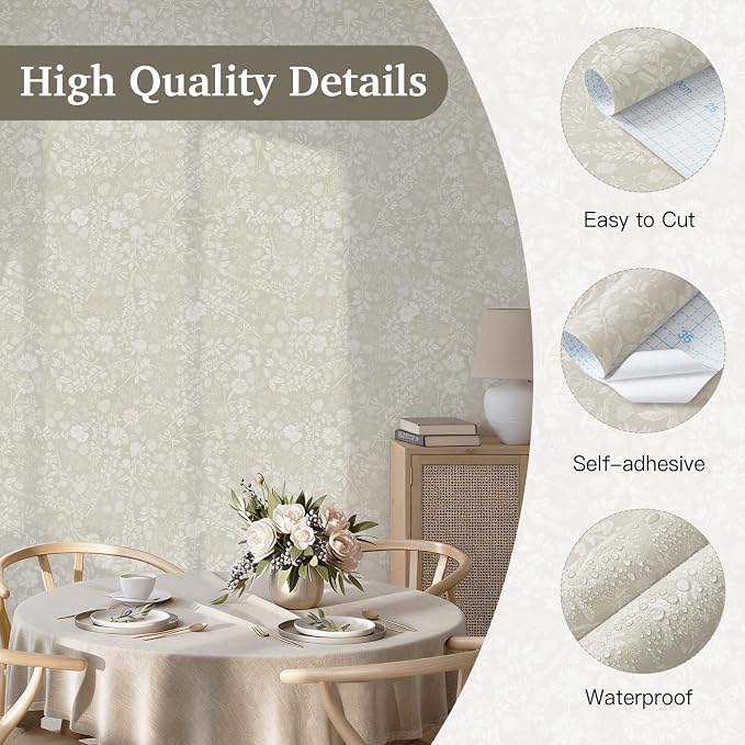 Beige and Cream White Peel and Stick Wallpaper Floral Wallpaper Slef Adhesive Removable Waterproof Contact Paper Boho Wall Paper for Dining Room Bedroom Living Room Bathroom Kitchen 17.3''x78.7''