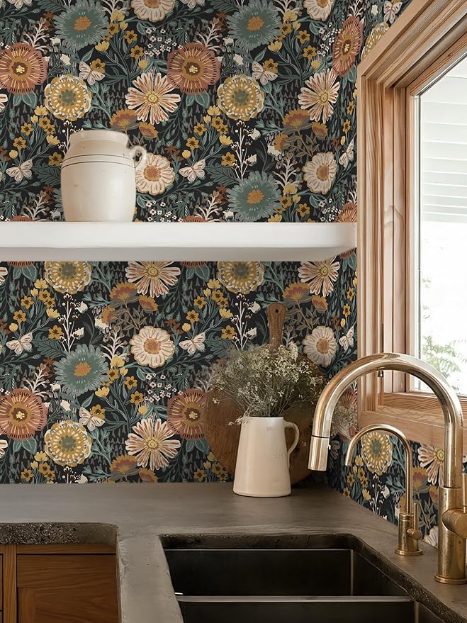 Dimoon Boho Retro Wallpaper Peel and Stick Wallpaper Vintage Floral Contact Paper 17.3''x393'' Dark Black Bohemian Removable Wall Paper Renter Friendly Waterproof Wall Mural Bedroom Bathroom Vinyl