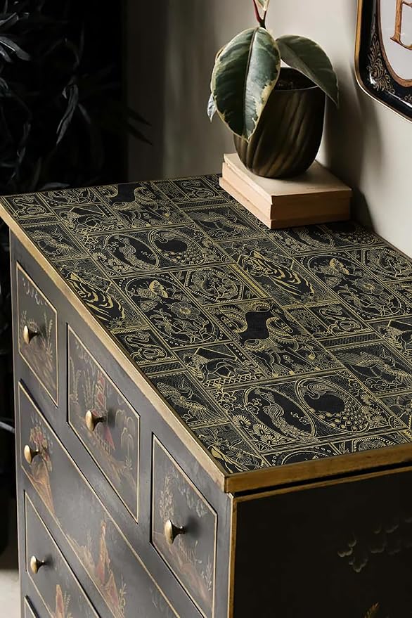 Erfoni 118"x17.7" Black and Gold Wallpaper Vintage Peel and Stick Wallpaper Special Animals Pattern Contact Paper Stick and Peel Self Adhesive Removable Wall Paper for Countertop Cabinets Covering