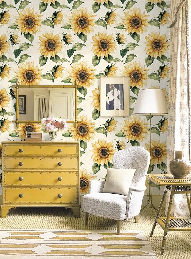 Yasinet Sunflower Peel and Stick Wallpaper Boho Floral Wallpaper Yellow Vintage Contact Paper for Bedroom Cabinets Farmhouse Waterproof Removable Self-adhesive Wall Paper for Wall Vinyl 17.3" x 393.7"