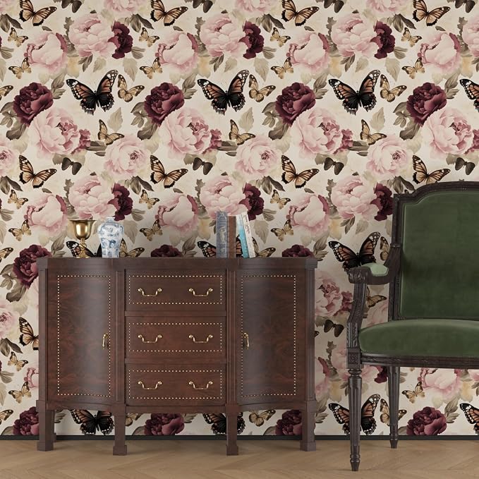 Beige Pink Butterfly Floral Peel and Stick Wallpaper 17.5"x393" | Self Adhesive/Removable/Waterproof/Thick Vinyl Vintage Contact Paper for Bathroom Bedroom Shelf Cabinet Drawer,Prepasted