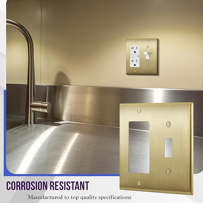 ENERLITES Combination Toggle and Decorator Switch Metal Wall Plate, Stainless Steel 201, Corrosion Resistant, Size 2-Gang 4.50" x 4.57", 771131-BB, Brushed Brass, Gold