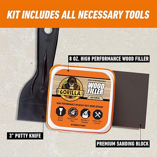 Gorilla All Purpose Wood Filler Wood Repair Kit with Putty Knife and Sanding Block