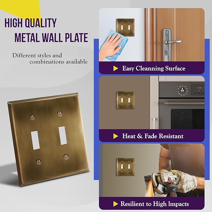 ENERLITES Double Toggle Light Switch Metal Cover Plate, Stainless Steel Wall Plate, Corrosion Resistant, Standard Size 2-Gang 4.50" x 4.57", Stainless Steel 201, 7712-AB, Antique Brass (Pack of 1)