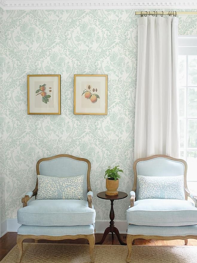 Ismoon Peel and Stick Wallpaper Vintage Floral Contact Paper Boho Watercolor Sage Green Damask Wallpaper Textured Removable Self Adhesive Vinyl Wall Paper for Bedroom, 17.3 in X 32.7 ft