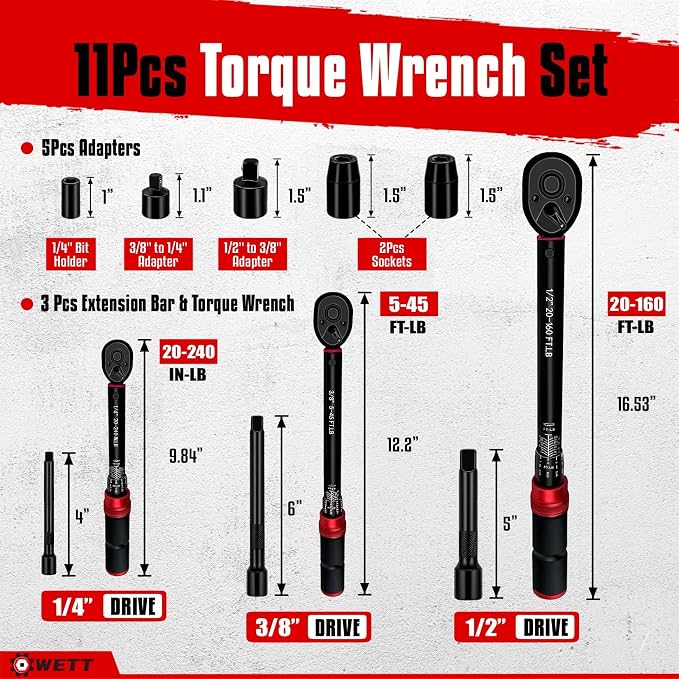 WETT 11Pcs Torque Wrench Set, 1/4'' & 3/8'' & 1/2'' Drive Click Torque Wrench, with Extension Bars & Adapters, Dual-Direction Adjustable Reversible 72-Tooth Ratchet Handle